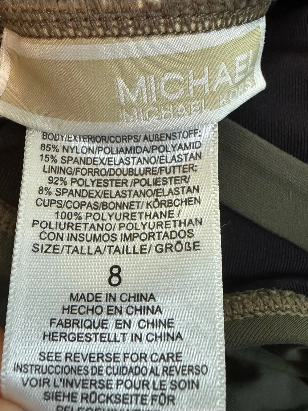 Michael Kors Olive Green V Neck Wrap One Piece Swimsuit Size 8 Gold MK Logo